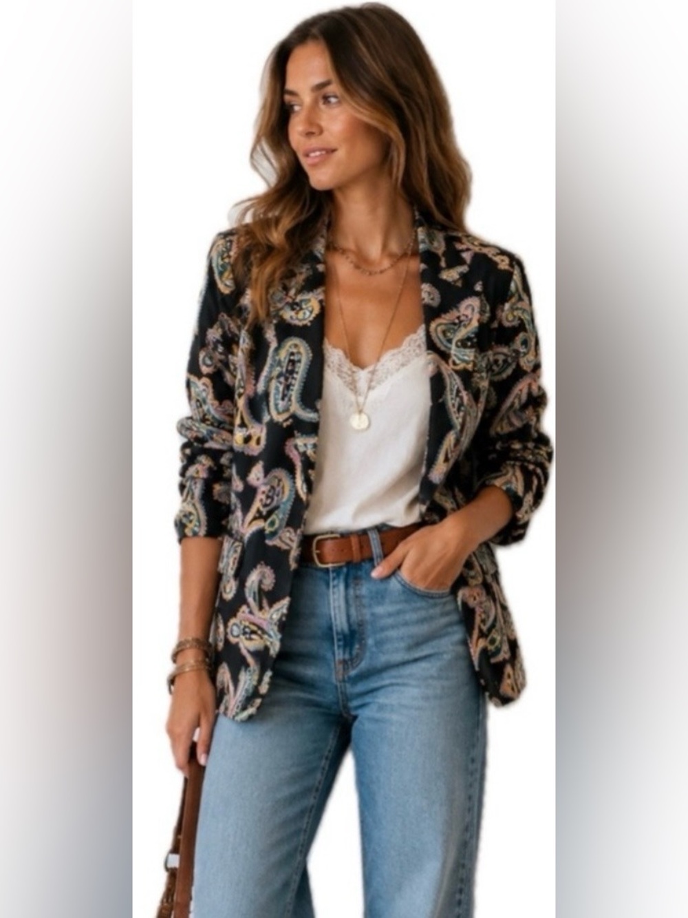 Bechamel Paisley Corduroy Blazer Jacket L Black Teal Cotton Lined Boho Vintage
